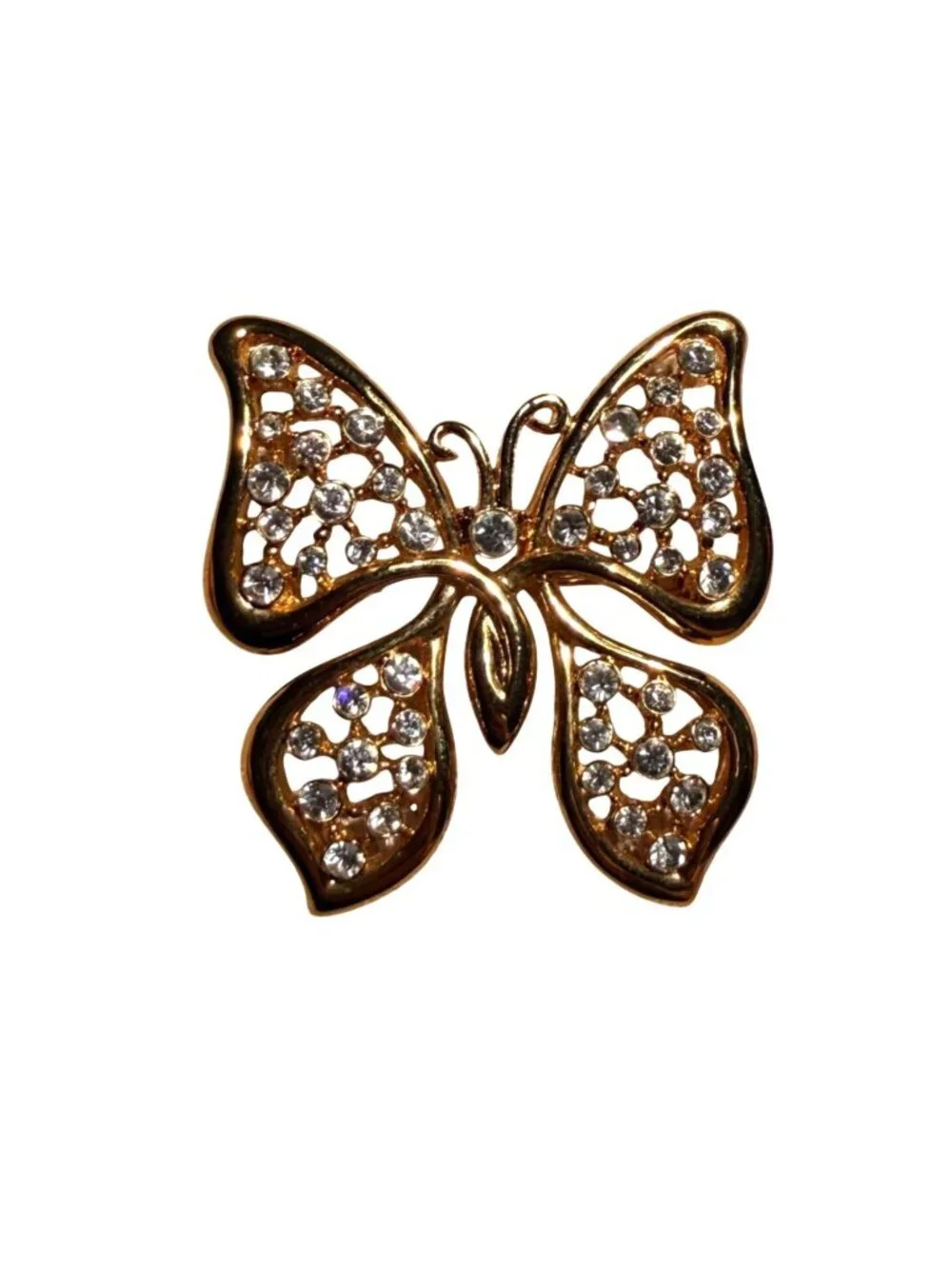 Vintage Monet Butterfly Brooch Gold Tone Rhinestone Openwork Pin Designer Jewelr